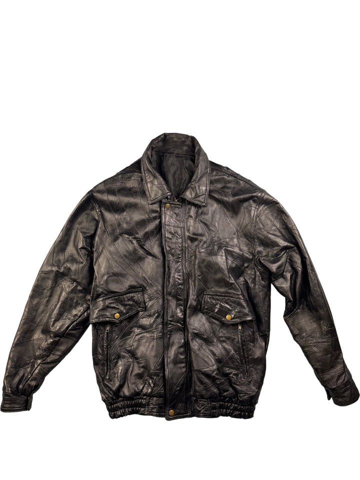 Patchwork Black Leather Bomber Jacket - XL - Think Vintage