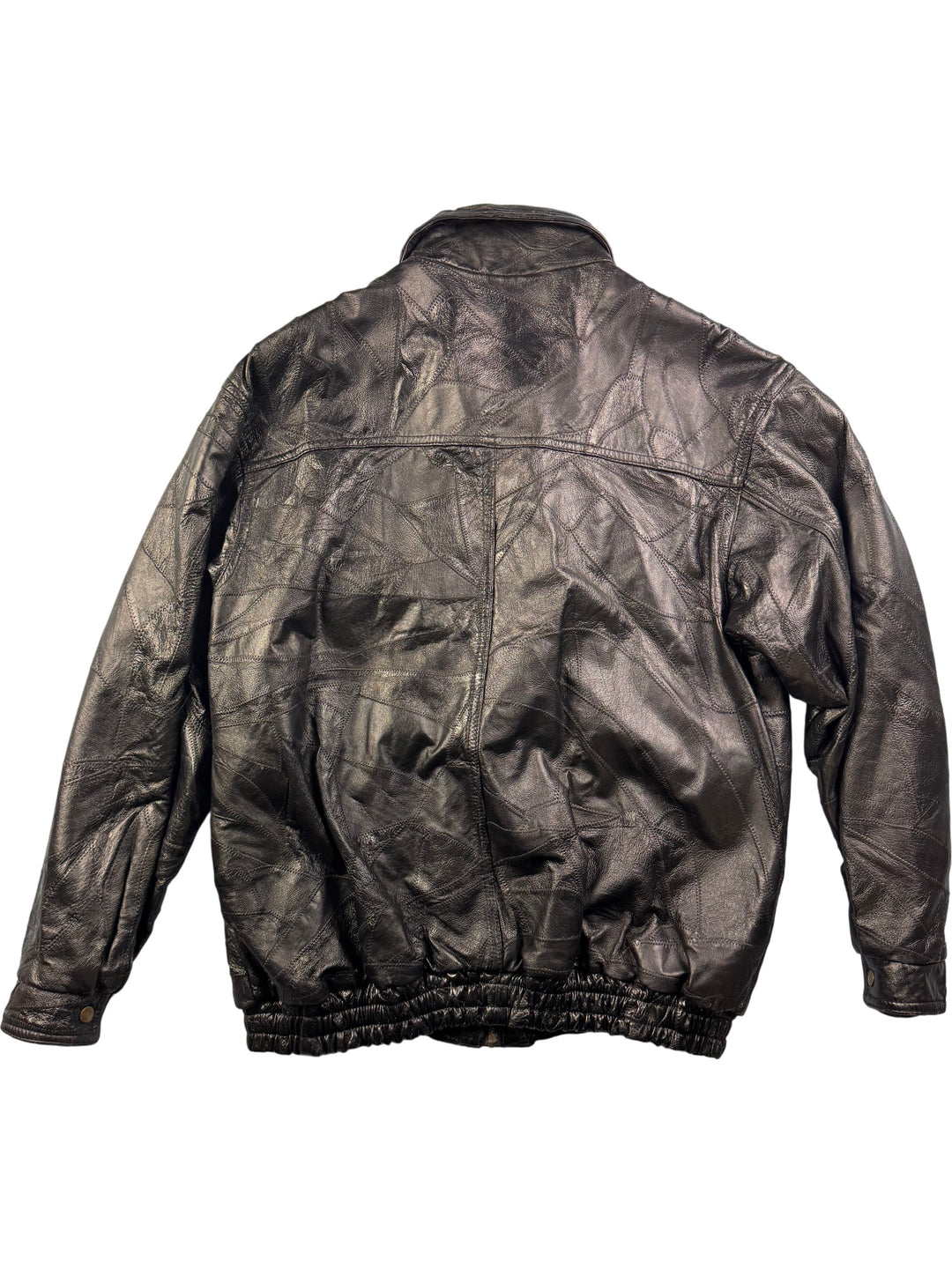 Patchwork Black Leather Bomber Jacket - XL - Think Vintage