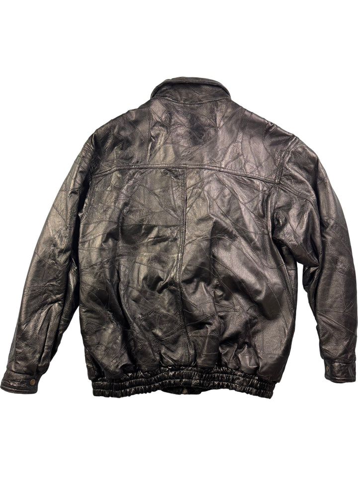 Patchwork Black Leather Bomber Jacket - XL - Think Vintage