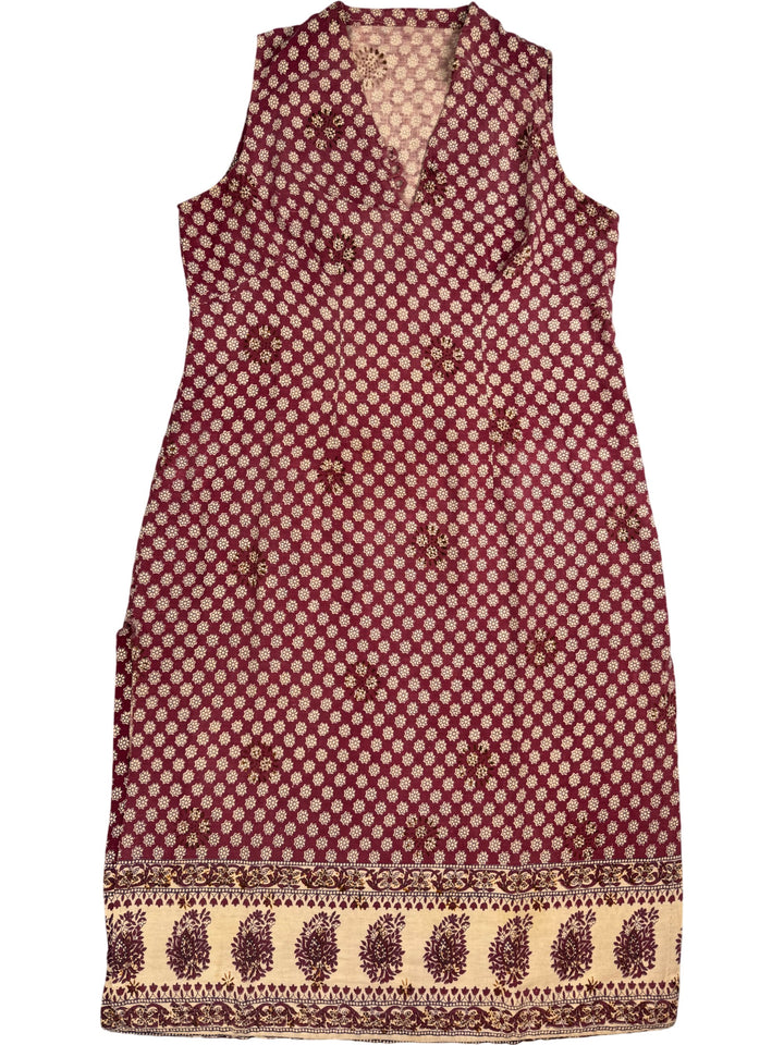 Patterned Sleeveless Dress with Floral Border - L - Think Vintage