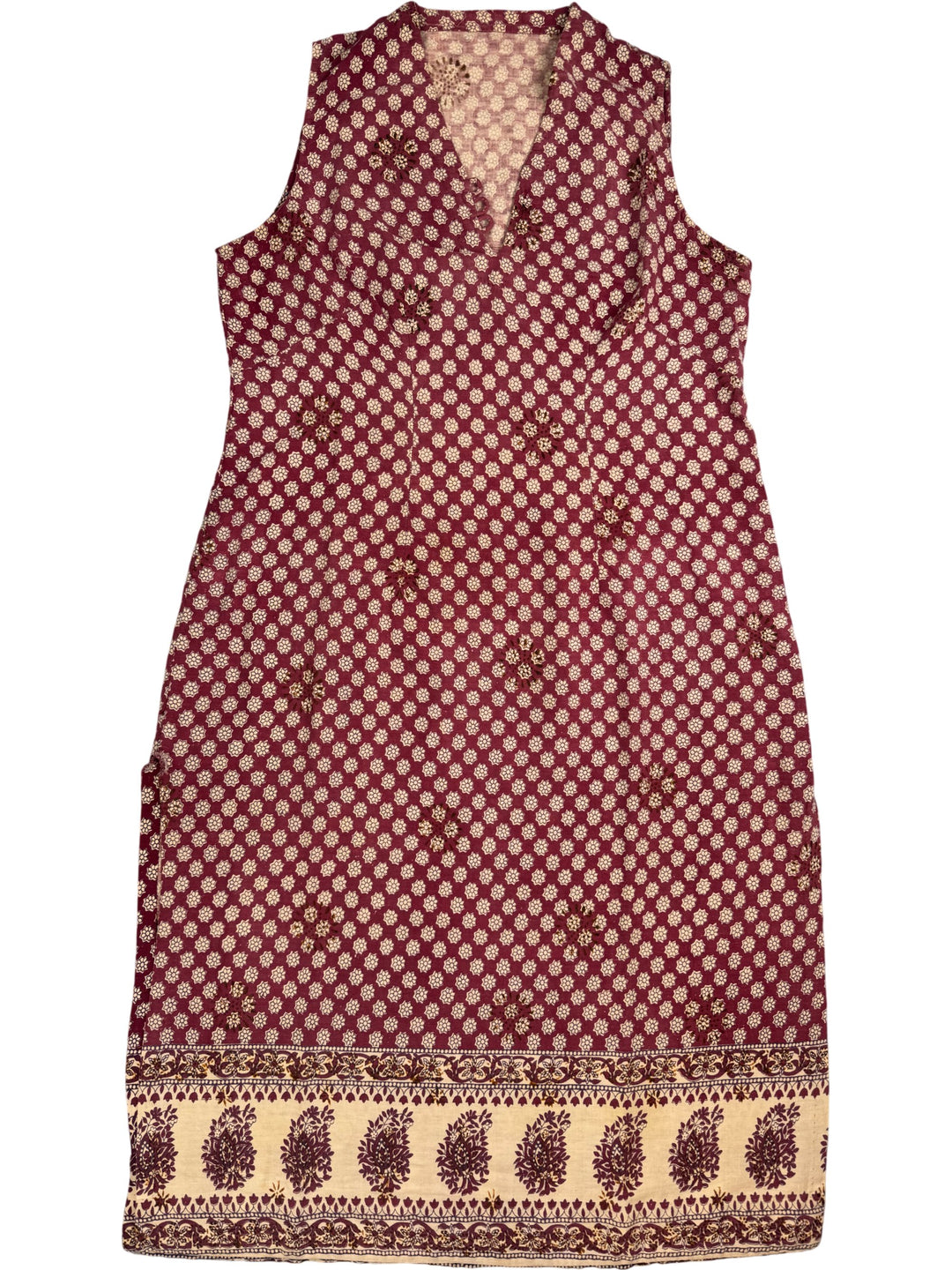 Patterned Sleeveless Dress with Floral Border - L - Think Vintage Online Ltd