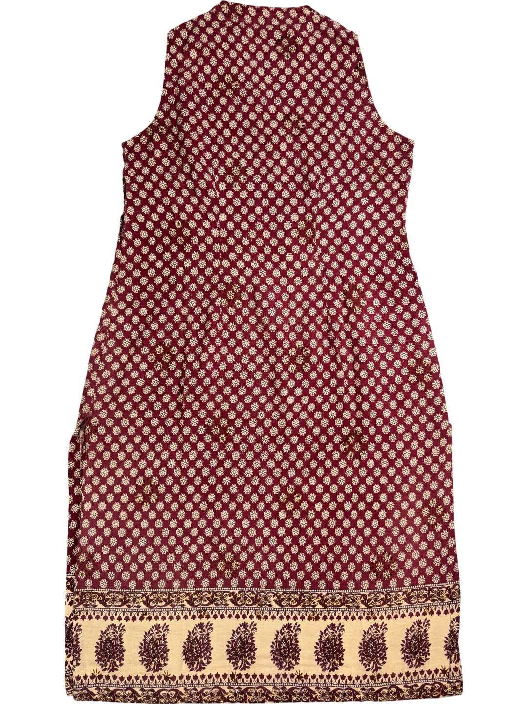 Patterned Sleeveless Dress with Floral Border - L - Think Vintage Online Ltd