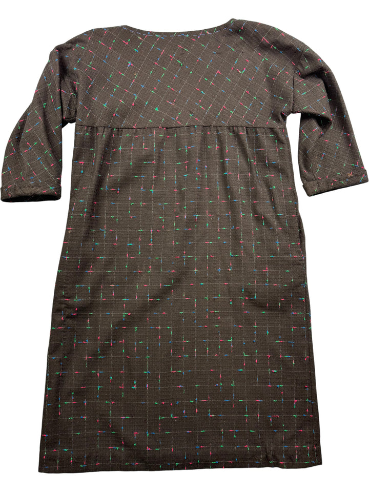 Patterned Three-Quarter Sleeve Button Dress - L - Think Vintage