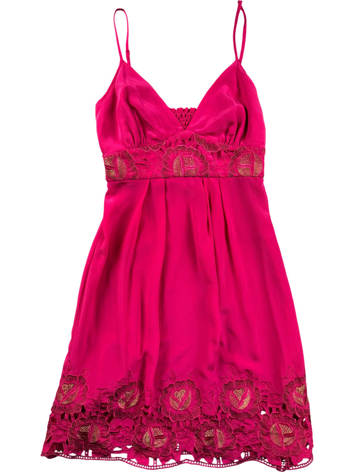 Pink Floral Lace Trim Dress - M - Think Vintage