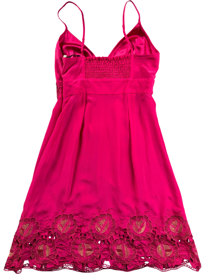 Pink Floral Lace Trim Dress - M - Think Vintage