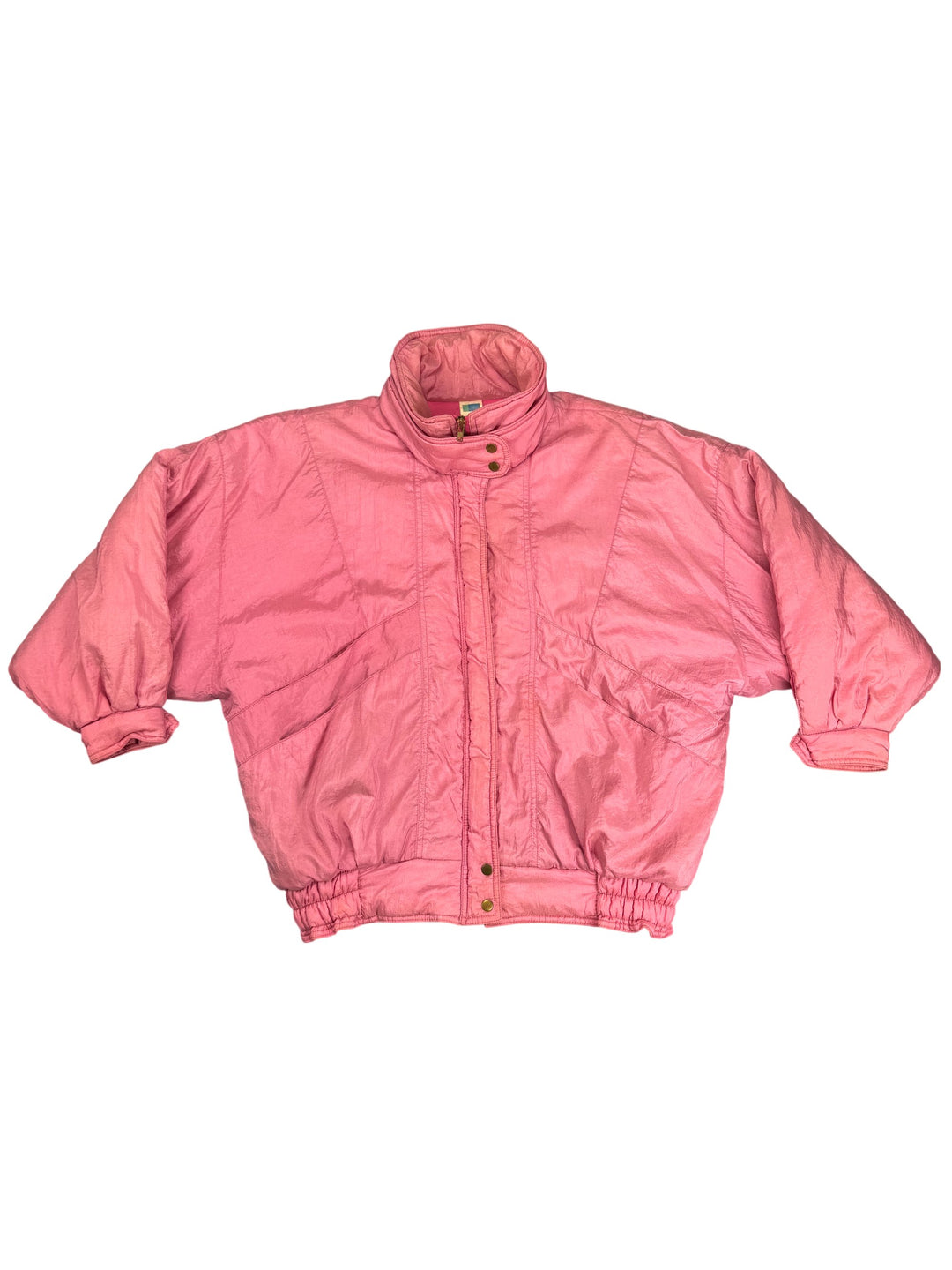 Pink High Collar Puffer Jacket - M - Think Vintage