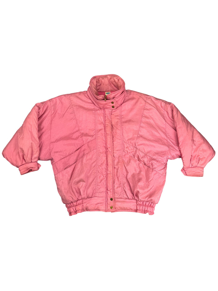Pink High Collar Puffer Jacket - M - Think Vintage