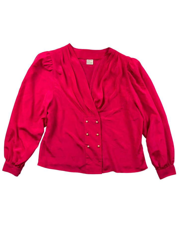 Pink Pleated Long Sleeve Blouse - L - Think Vintage Online Ltd