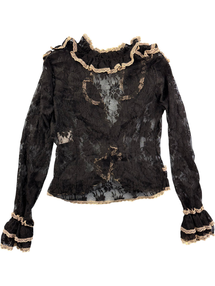 Portré Black Lace Ruffle Blouse - M - Think Vintage