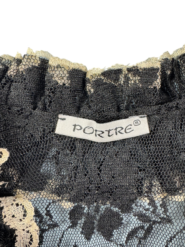 Portré Black Lace Ruffle Blouse - M - Think Vintage