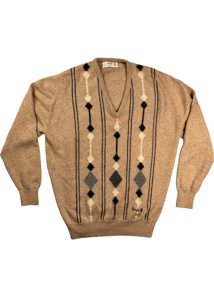 Pringle Sports Beige Patterned V-Neck Sweater - L - Think Vintage