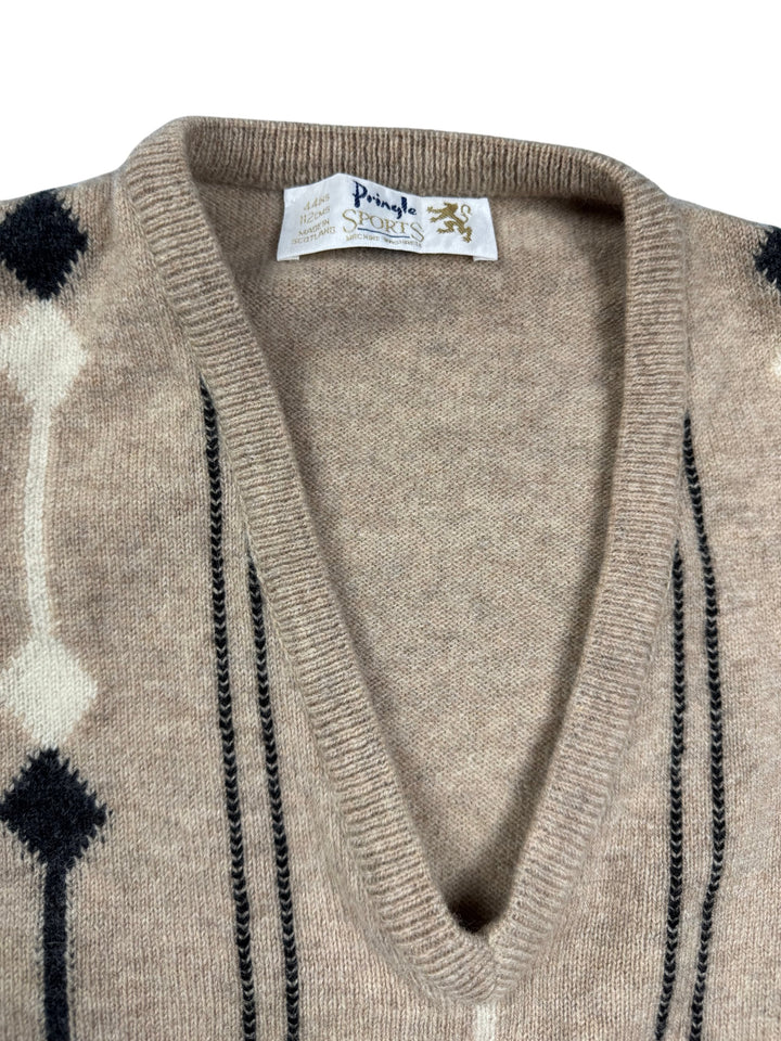 Pringle Sports Beige Patterned V-Neck Sweater - L - Think Vintage Online Ltd