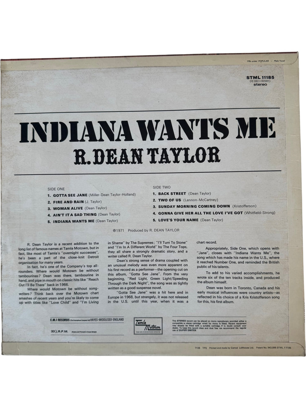 R. Dean Taylor Indiana Wants Me Vinyl - Very Good - Think Vintage ltd