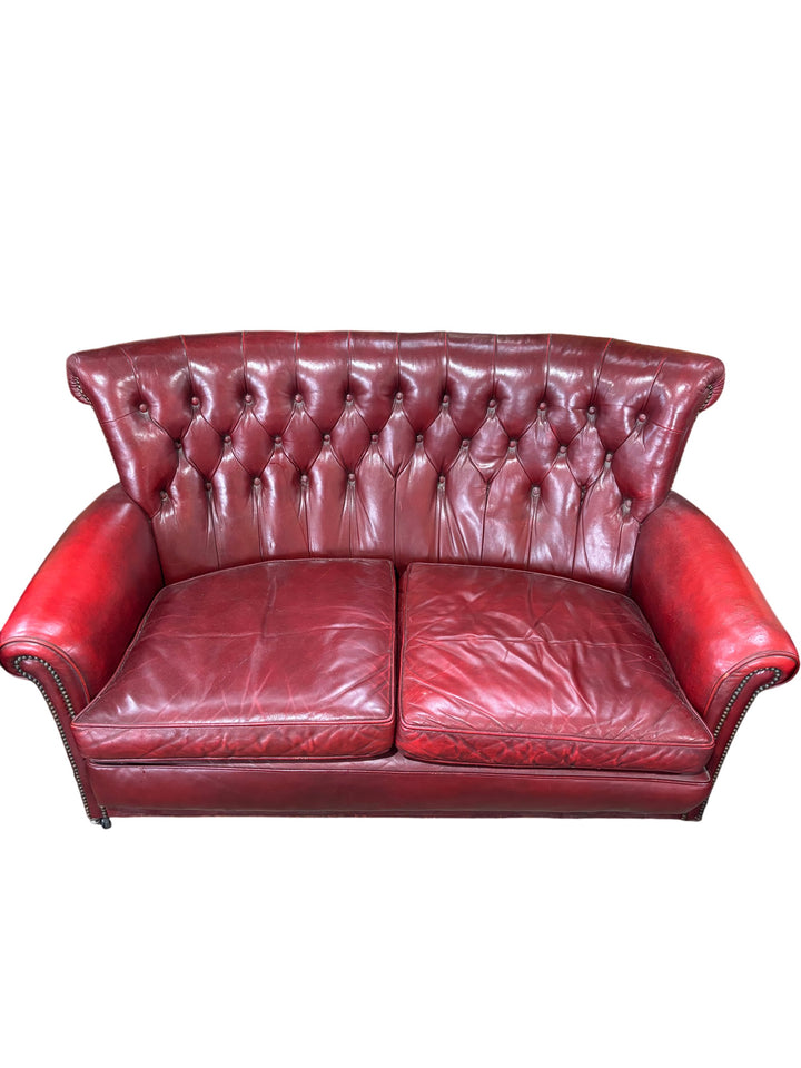 Red Chesterfield Leather Sofa And Armchair Set - Think Vintage
