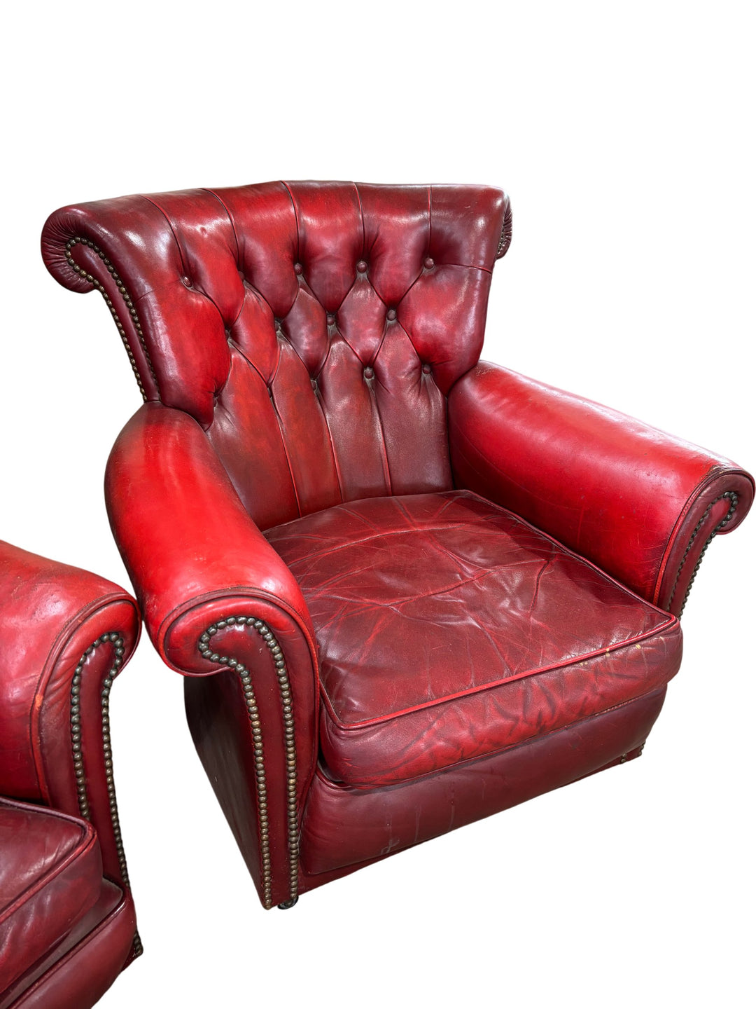 Red Chesterfield Leather Sofa And Armchair Set - Think Vintage
