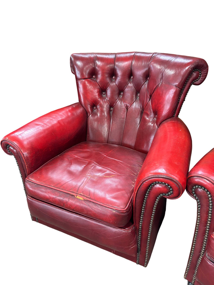 Red Chesterfield Leather Sofa And Armchair Set - Think Vintage