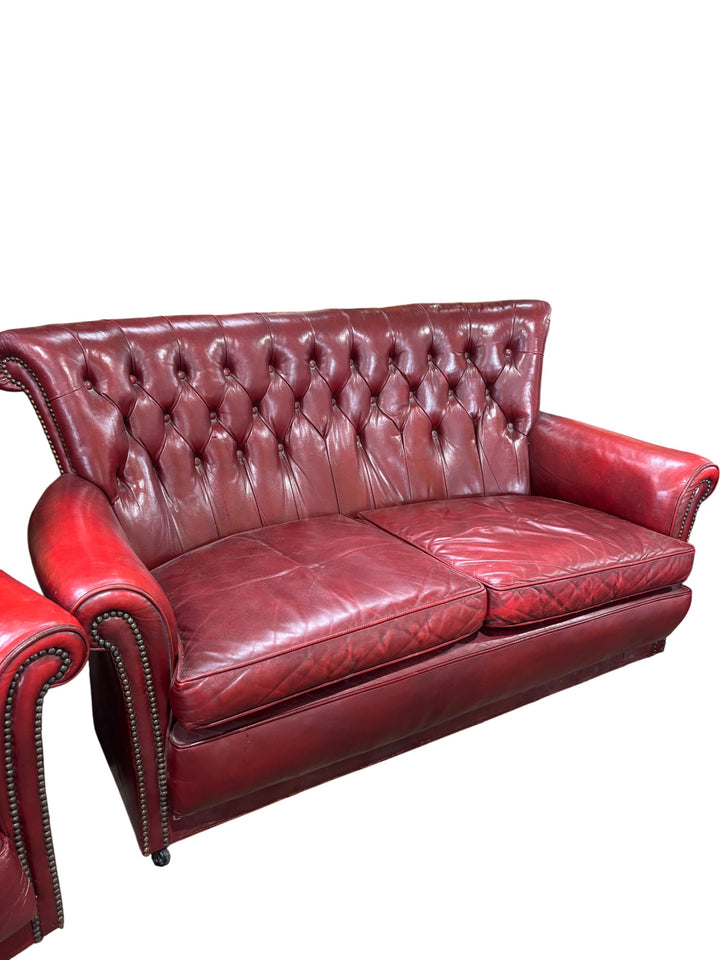 Red Chesterfield Leather Sofa And Armchair Set - Think Vintage