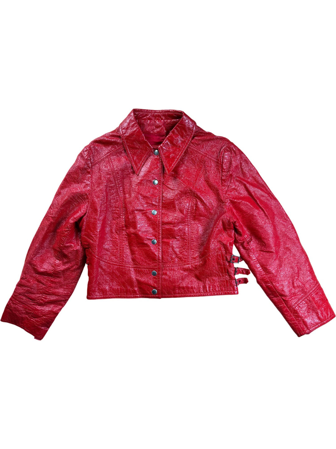 Red Faux Leather Buckle Jacket - S - Think Vintage ltd