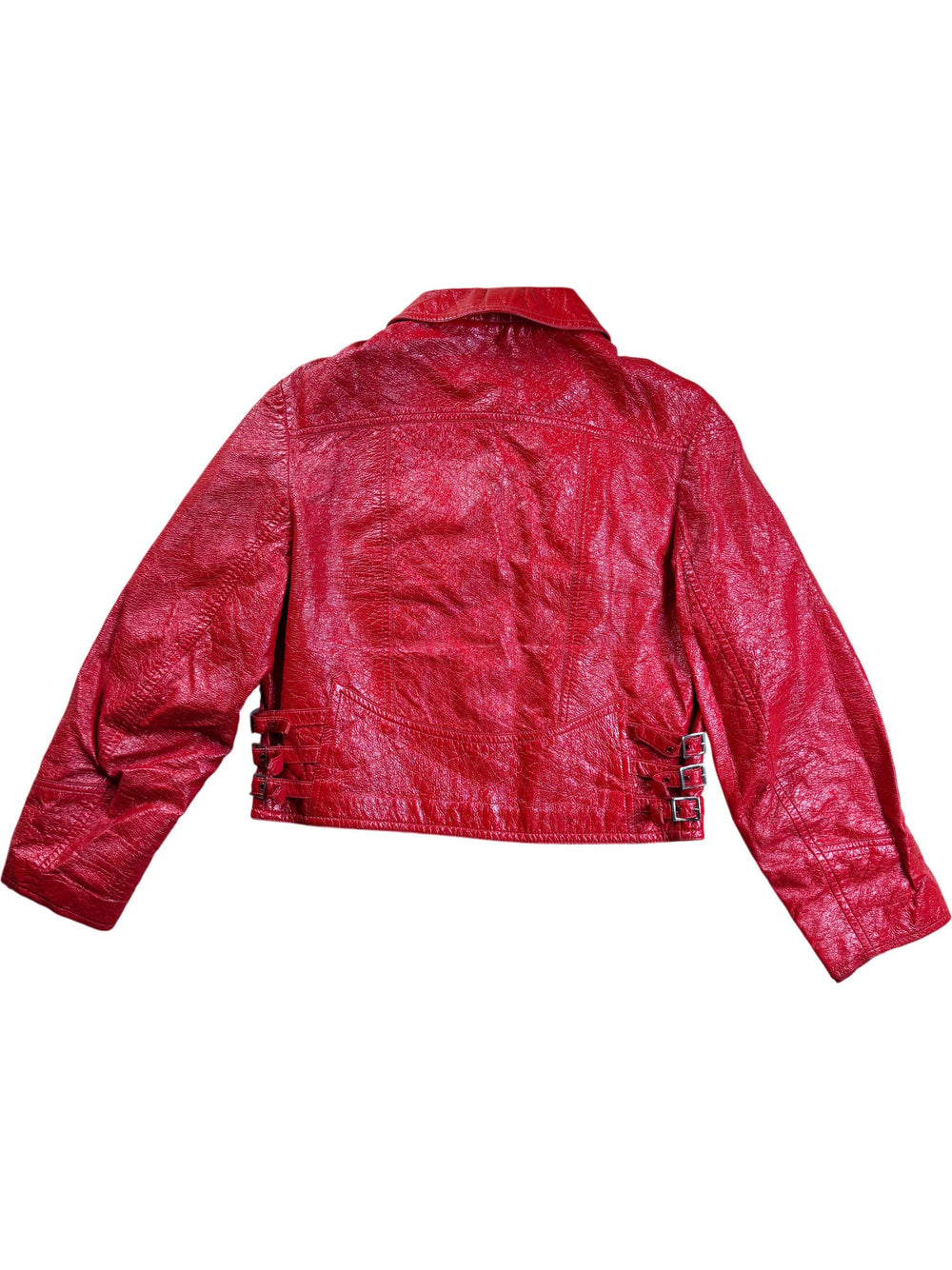 Red Faux Leather Buckle Jacket - S - Think Vintage ltd