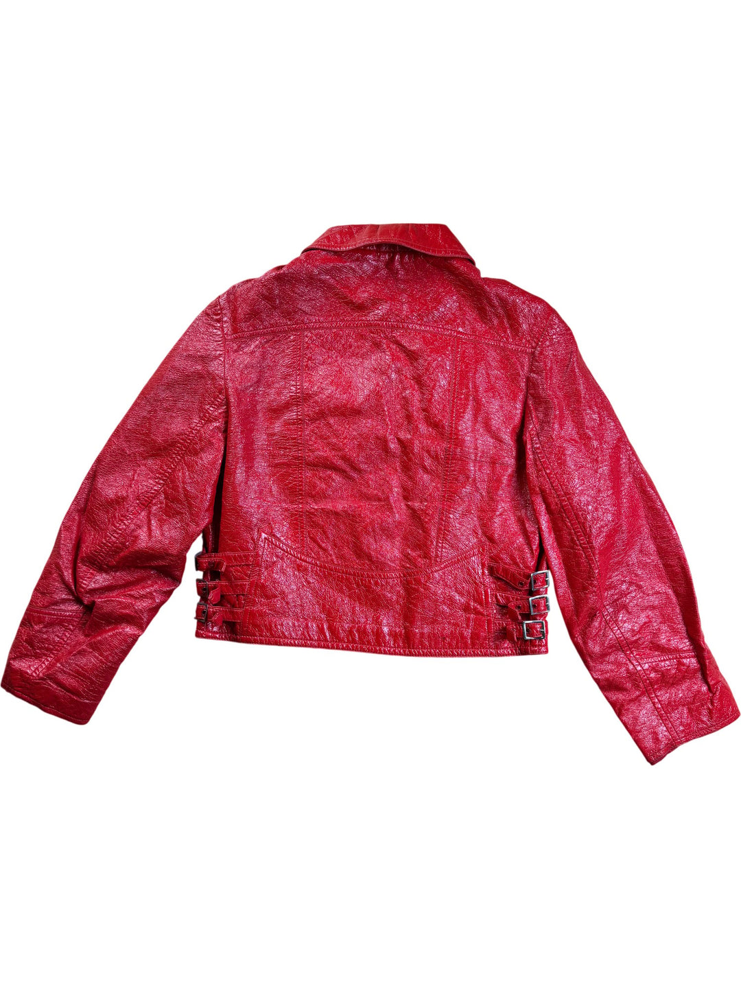 Red Faux Leather Buckle Jacket - S - Think Vintage ltd