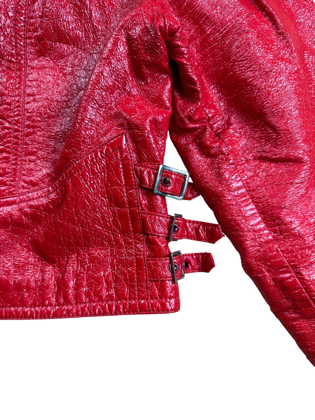 Red Faux Leather Buckle Jacket - S - Think Vintage ltd