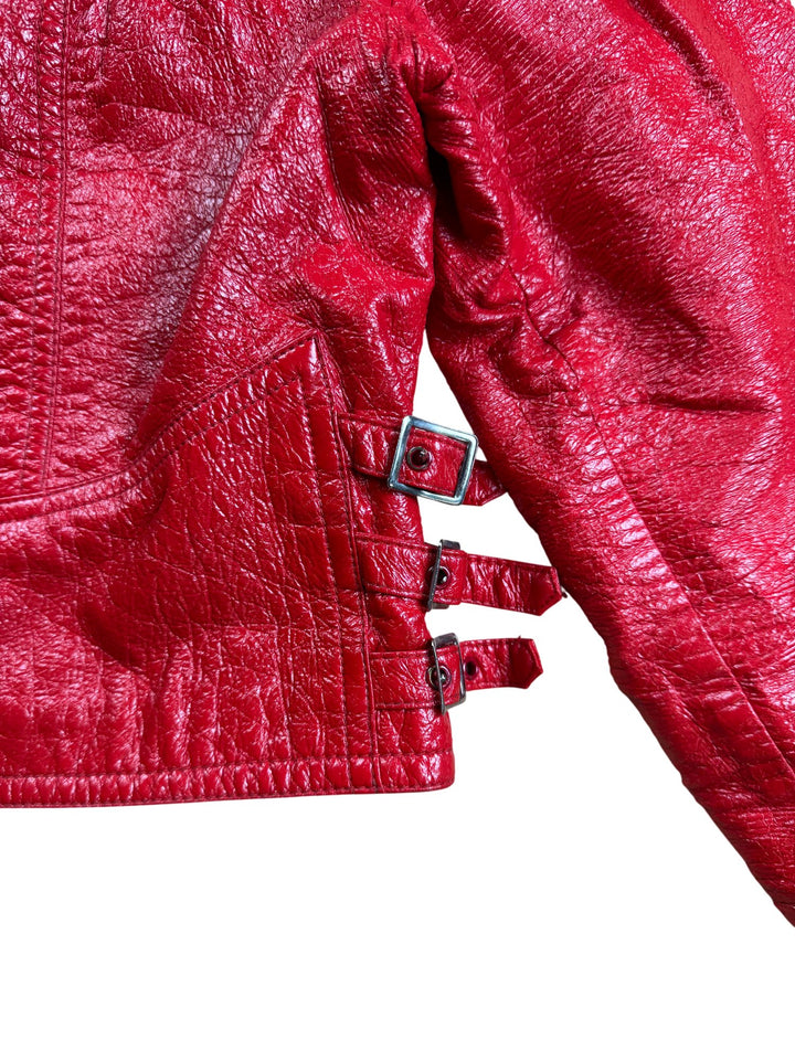 Red Faux Leather Buckle Jacket - S - Think Vintage ltd