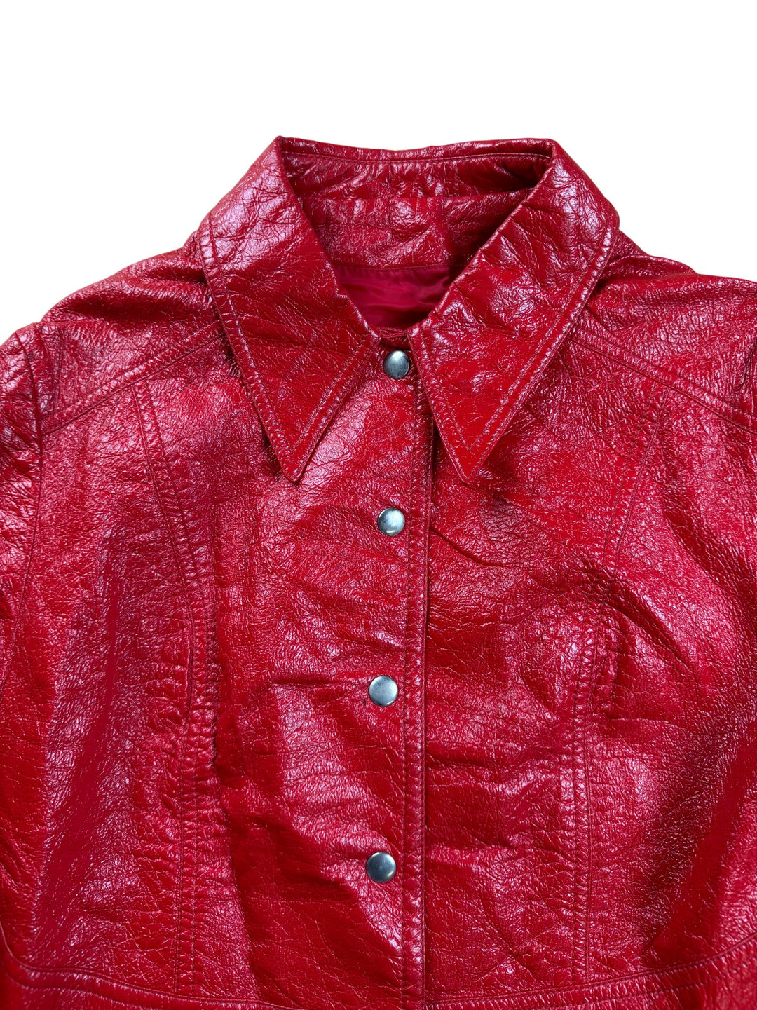 Red Faux Leather Buckle Jacket - S - Think Vintage ltd