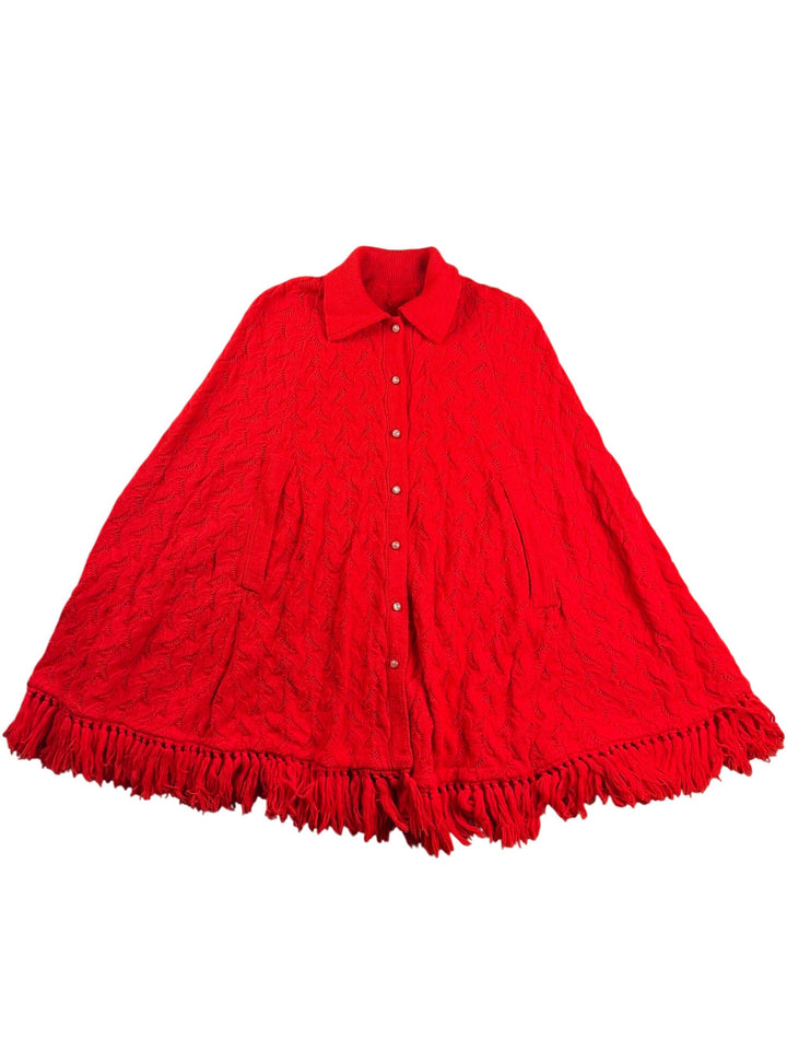 Red Fringed Knit Button-Up Poncho - One Size