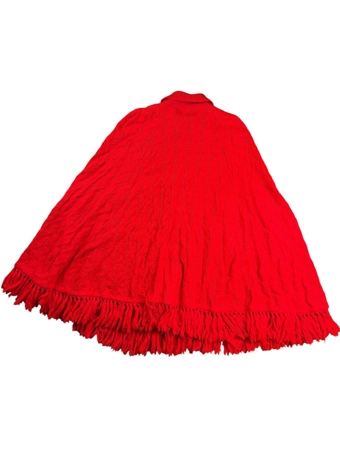 Red Fringed Knit Button-Up Poncho - One Size