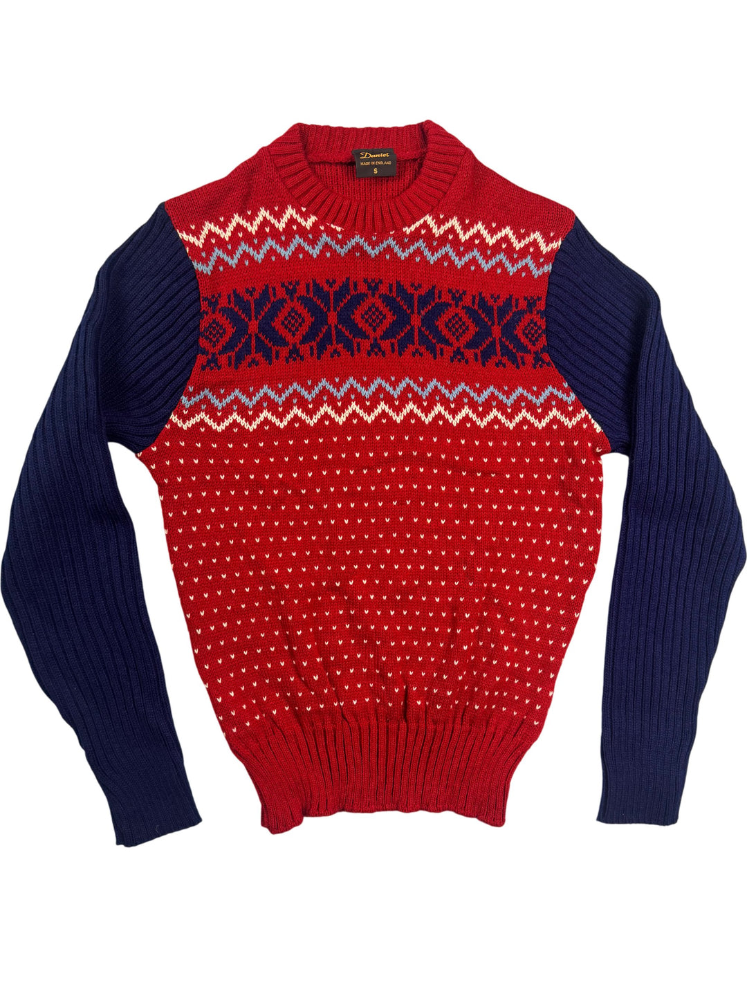 Red Patterned Sweater with Blue Sleeves - S - Think Vintage