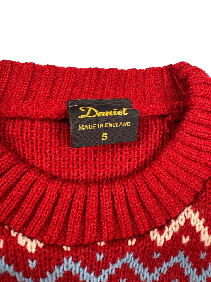 Red Patterned Sweater with Blue Sleeves - S - Think Vintage Online Ltd