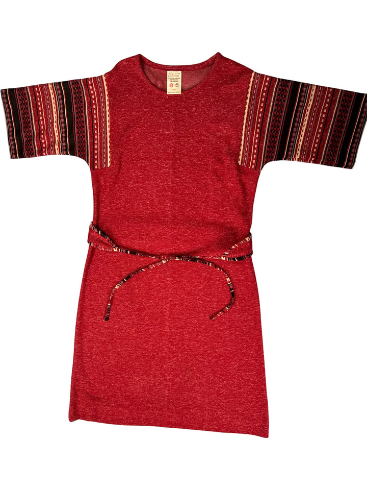 Red Tunic Dress with Patterned Sleeves - M - Think Vintage Online Ltd