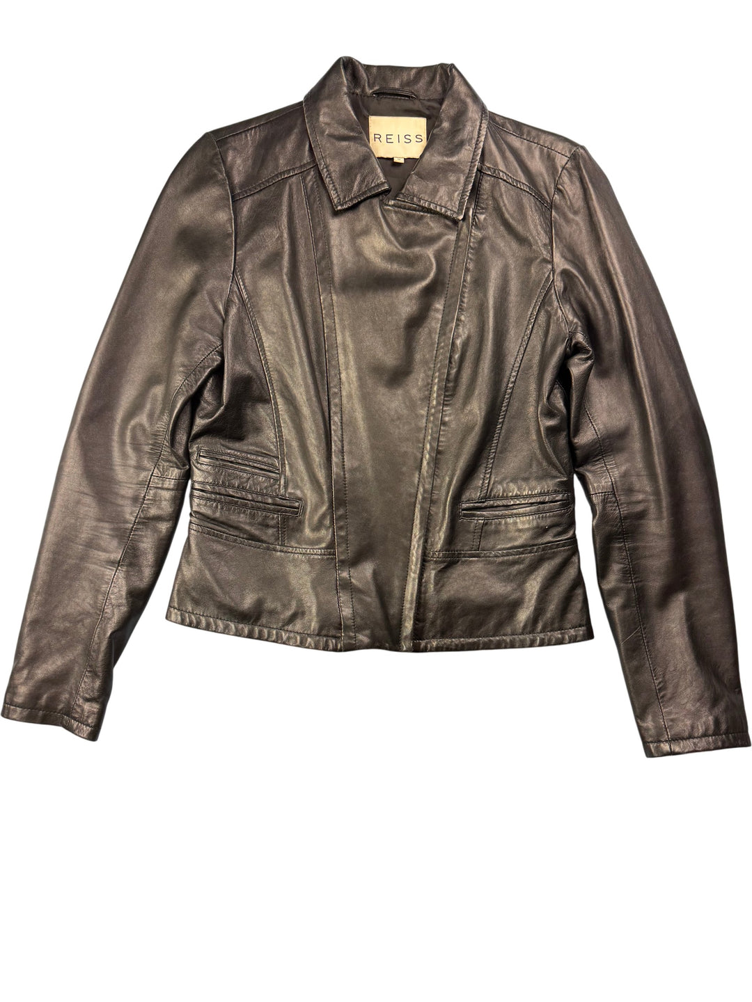 Reiss Black Leather Bomber Jacket - M - Think Vintage