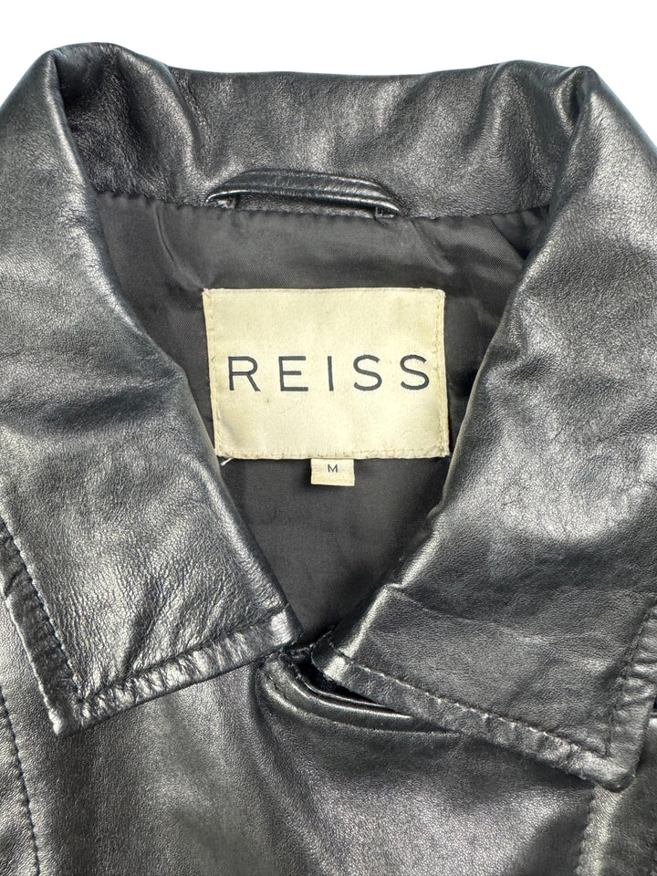 Reiss Black Leather Bomber Jacket - M - Think Vintage Online Ltd