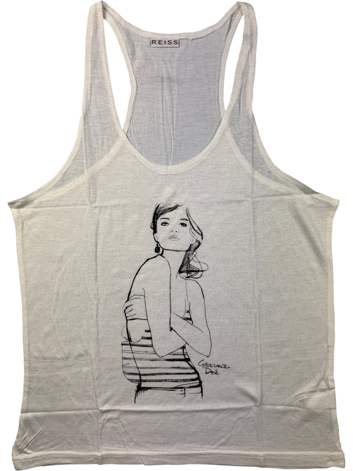 Reiss White Graphic Tank Top - S - Think Vintage ltd