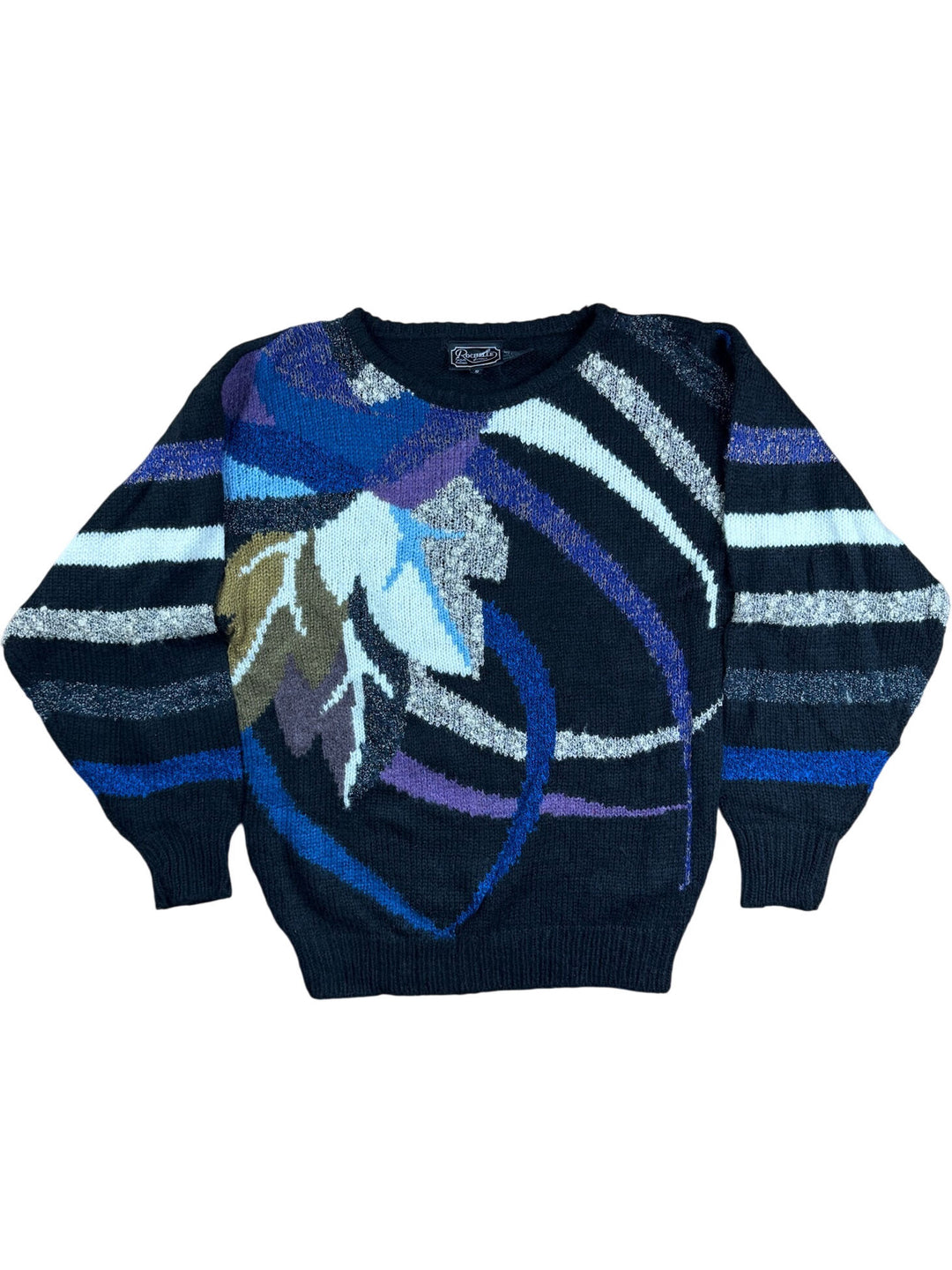Retro Black Colourful Patterned Sweater - L