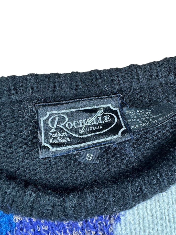 Retro Black Colourful Patterned Sweater - L