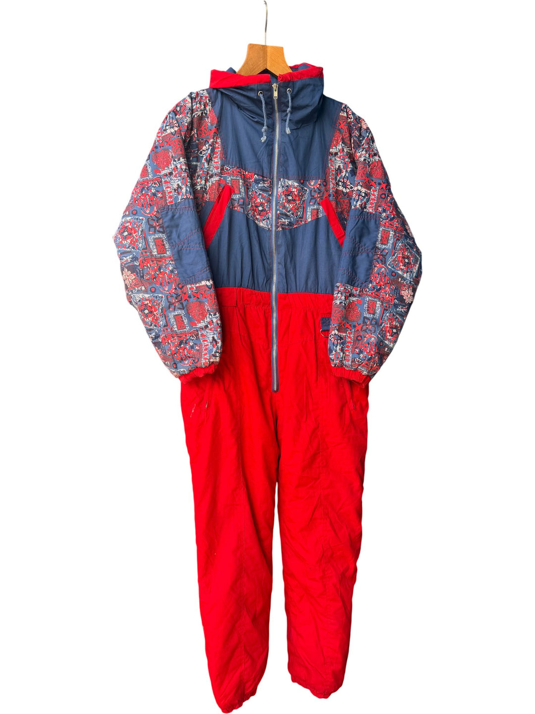 Retro Red and Blue Patterned Ski Suit - M - Think Vintage ltd