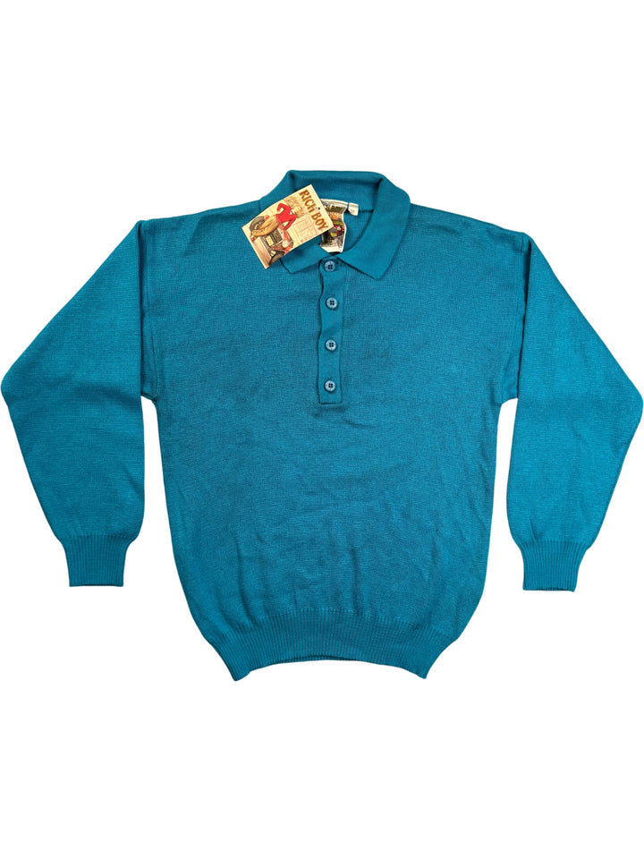 Rich Boy Blue Knit Long Sleeved Polo - M - Think Vintage Online Ltd