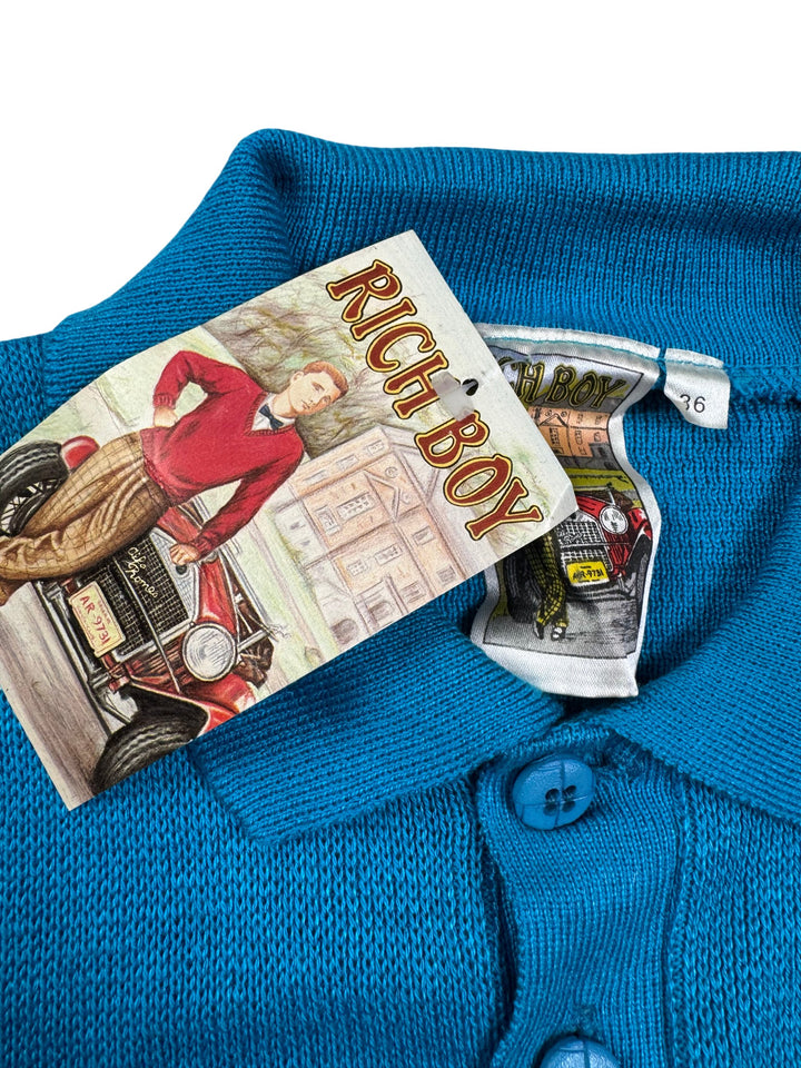 Rich Boy Blue Knit Long Sleeved Polo - M - Think Vintage Online Ltd