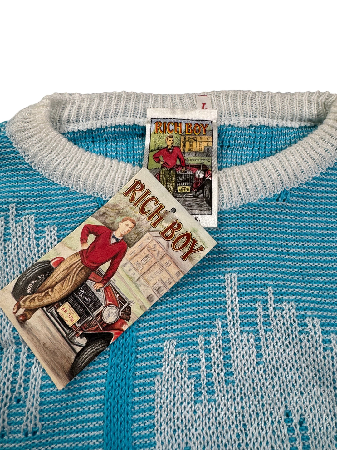Rich Boy Blue Patterned Sweater - L - Think Vintage