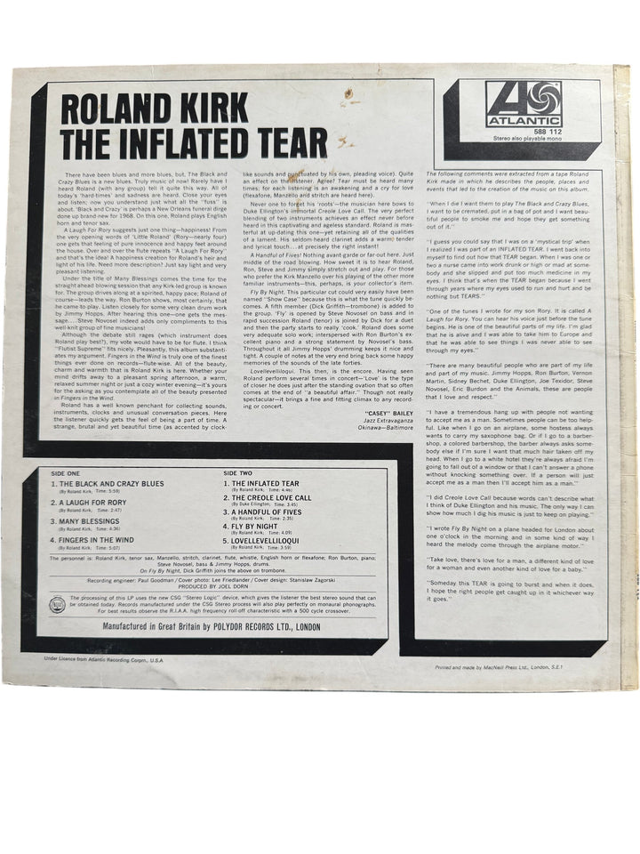 Roland Kirk The Inflated Tear Vinyl Record - Think Vintage Online Ltd