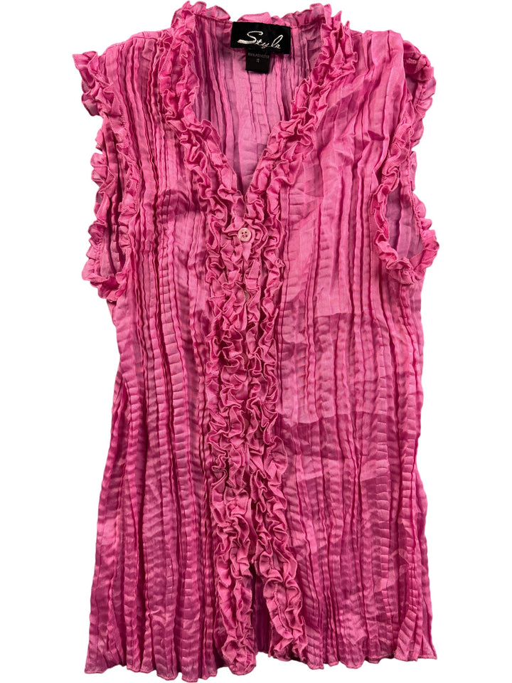 Ruffled Pink Sleeveless Blouse - S - Think Vintage ltd