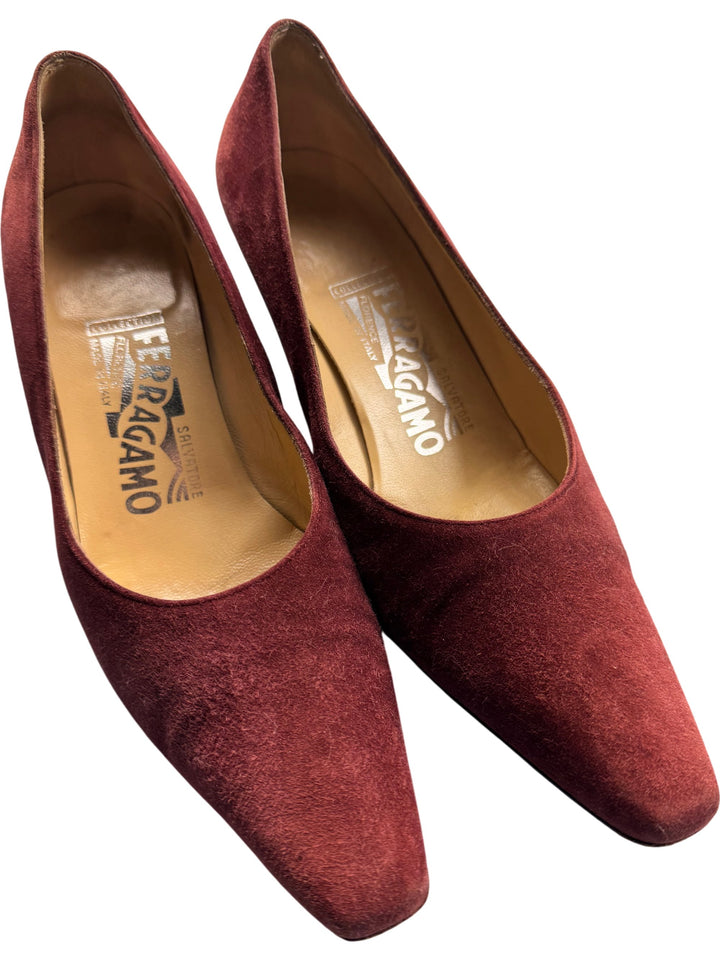 Salvatore Ferragamo Suede Square Toe Heels - Think Vintage ltd