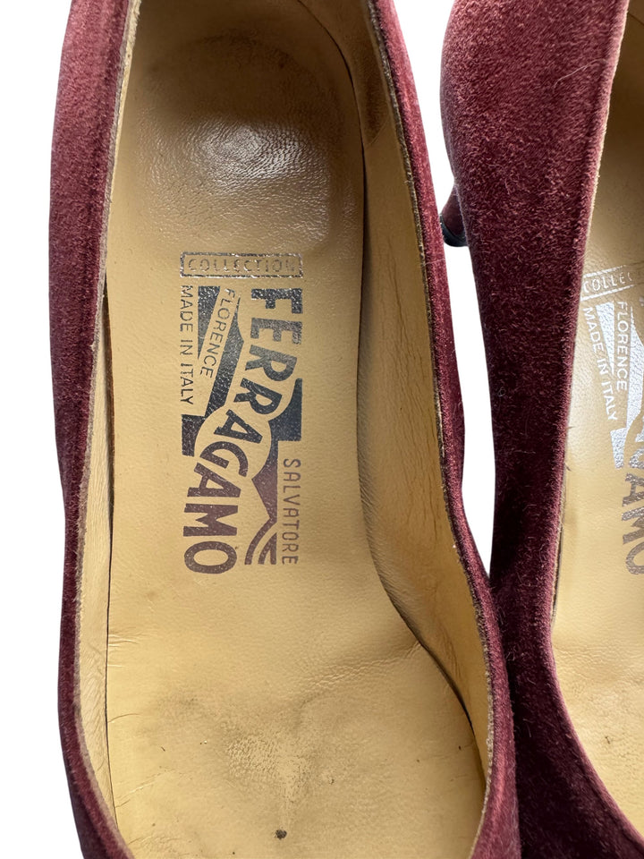 Salvatore Ferragamo Suede Square Toe Heels - Think Vintage ltd