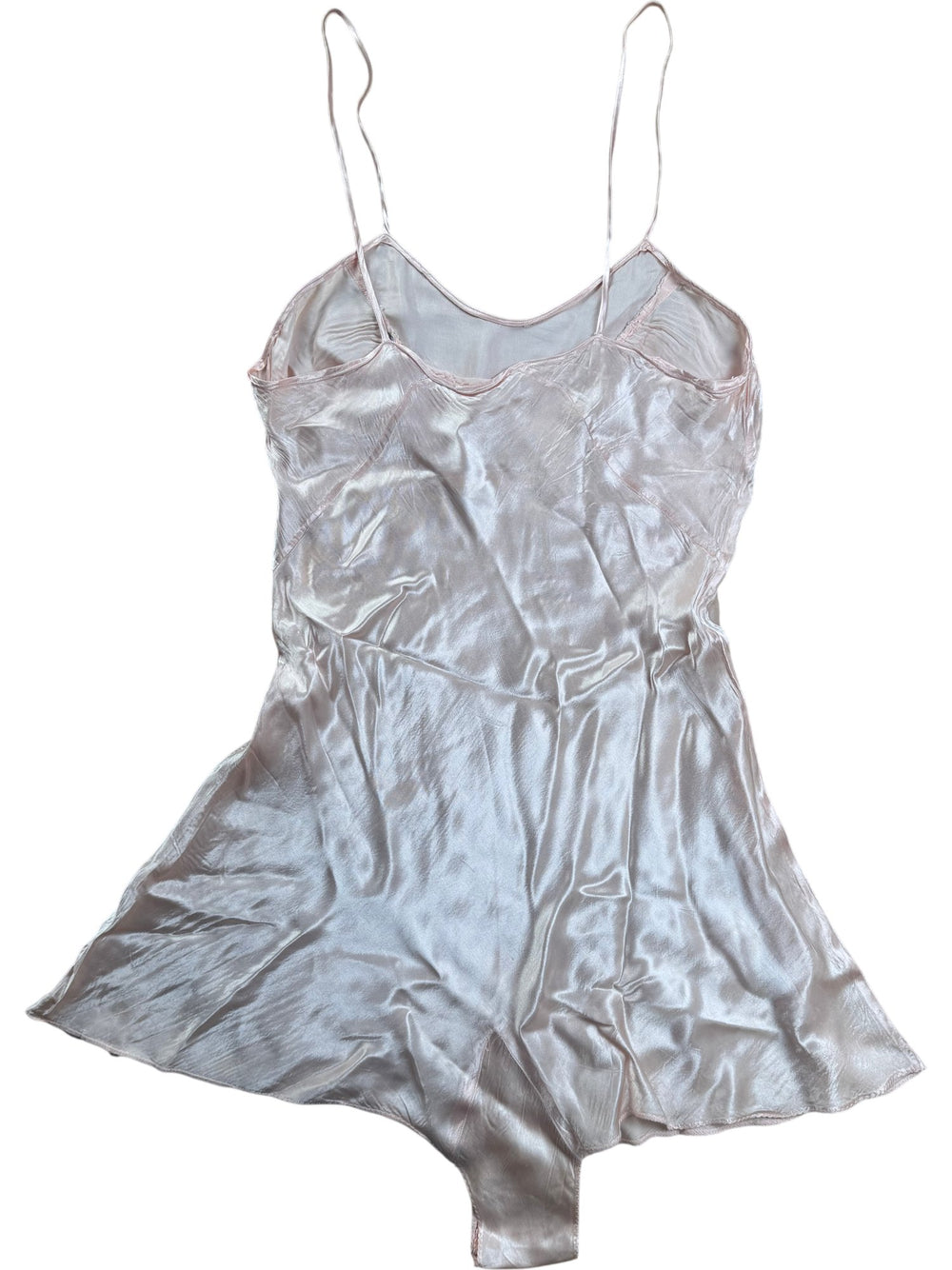 Satin Slip Dress - Peach With Blue Embroidery - S - Think Vintage ltd