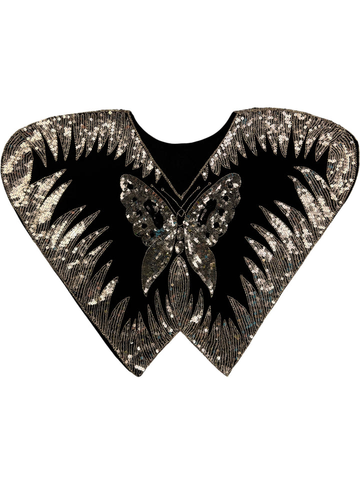Sequin Butterfly Applique Patch Black Rayon - L - Think Vintage ltd