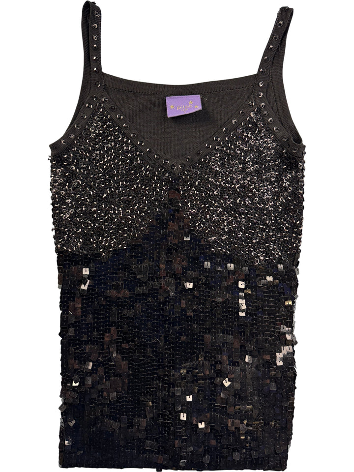 Sequin Embellished Black Sleeveless Top - S - Think Vintage Online Ltd