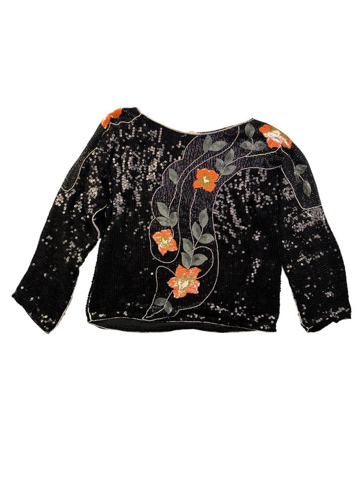 Sequin Silk Floral Black Jacket - M/L - Think Vintage Online Ltd