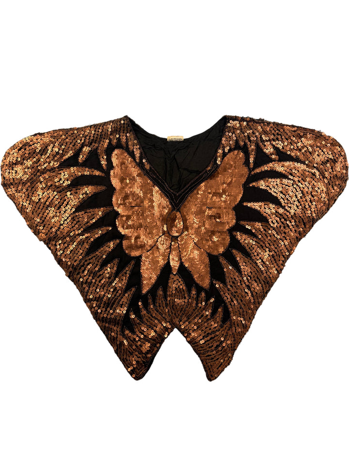 Sequined Black and Gold Butterfly Silk Top - L